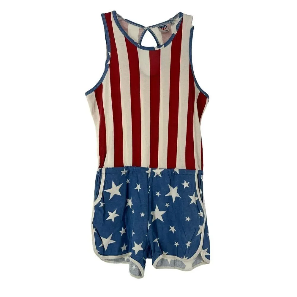 Junk Food American Flag Romper Size S 4th Of July Patriotic Sleeveless Pockets